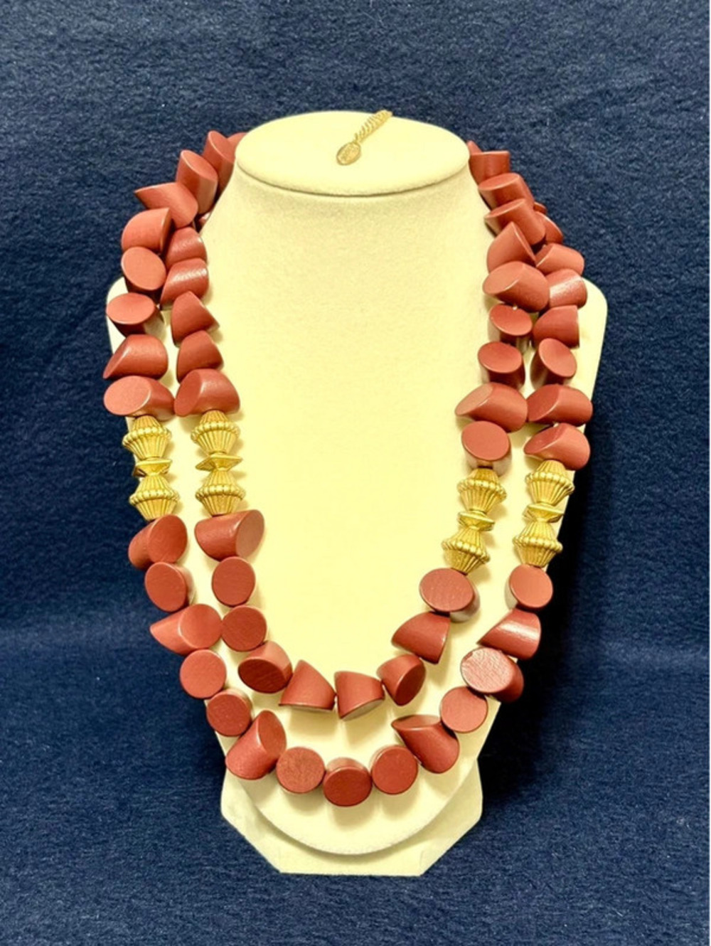 Wood beaded necklace, burgundy, and gold colored